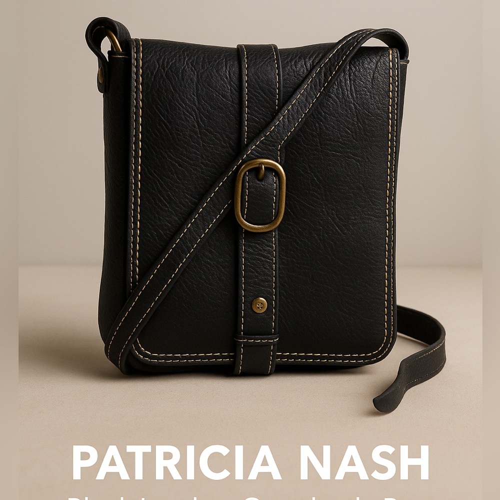 Patricia Nash Black Leather Crossbody Bag Messenger Purse OS Contrast Stitching